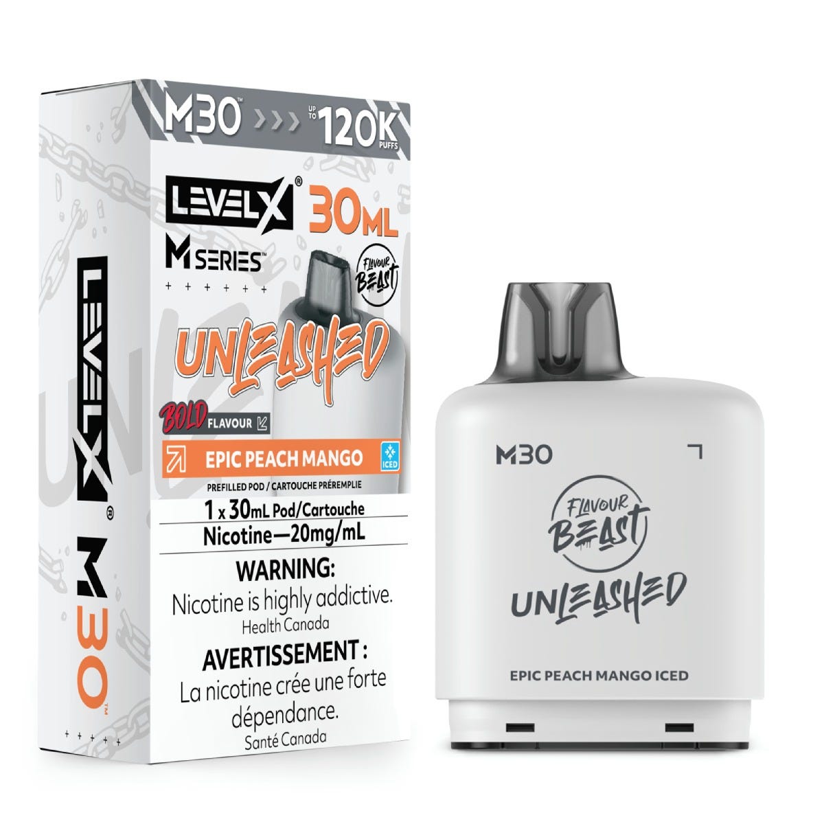 Flavour Beast Level X Unleashed M30 pod in Epic Peach Mango Iced flavour, 30mL, 120K puffs | Supa Vapes Canada