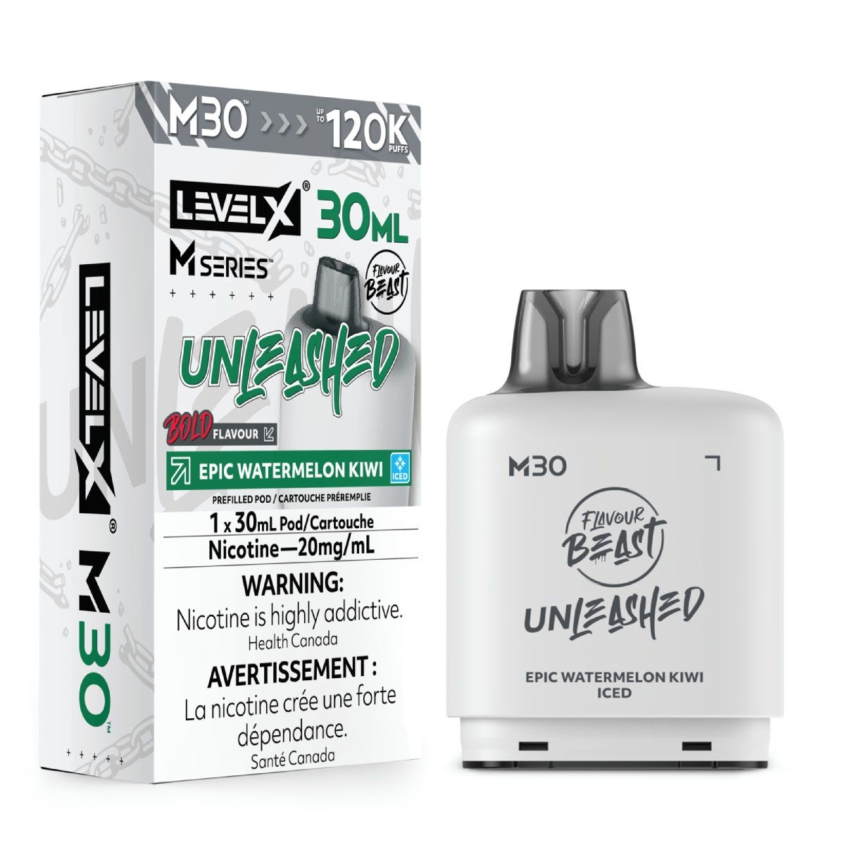 Flavour Beast Level X Unleashed M30 pod in Epic Watermelon Kiwi Iced flavour, 30mL, 120K puffs | Supa Vapes Canada