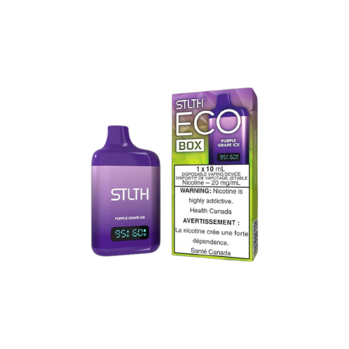 STLTH ECO BOX Disposable, Purple Grape Ice flavour, rechargeable with 10ML premium e-liquid, adjustable airflow, USB-C charging, designed for vapers in Ontario and Quebec.