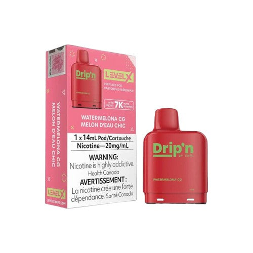 Drip’n Level X Pods by Envi 7k, Watermelon CG flavour, rechargeable 14mL premium e-liquid pod offering up to 7,000 smooth puffs, designed for Ontario and Quebec vapers.