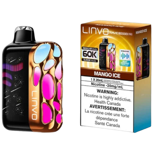 Linvo Rave 60000 PRO, Mango Ice flavour, high-capacity vape device with beat-sensing LED lights and adjustable airflow for a personalized vaping experience.