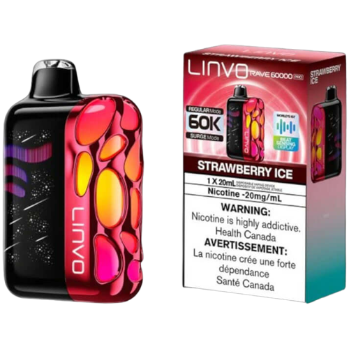 Linvo Rave 60000 PRO, Strawberry Ice flavour, up to 60,000 puffs, smart LED screen, adjustable airflow, USB-C rechargeable battery, premium vaping device for Ontario and Quebec.