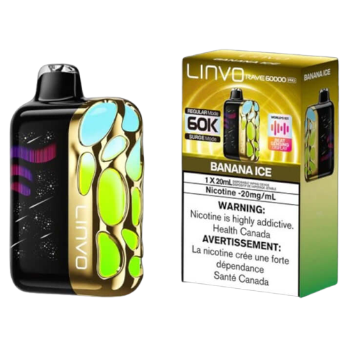 Linvo Rave 60000 PRO, Banana Ice flavour disposable vape with 60,000 puffs, beat-sensing LED lights, adjustable airflow, ideal for vapers in Ontario and Quebec