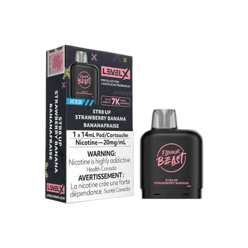 Level X Pod – 7K Puffs, Str8 up Strawberry Banana flavour pod with 20mg salt nicotine, engineered for bold taste and extended use, ideal for Ontario and Quebec vapers.