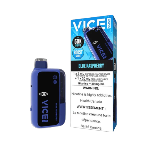 VICE CLICK Disposable, Blue Raspberry flavour, up to 50,000 puffs, flexible modes and fast recharge, nicotine strength not specified, designed for Ontario and Quebec vapers.