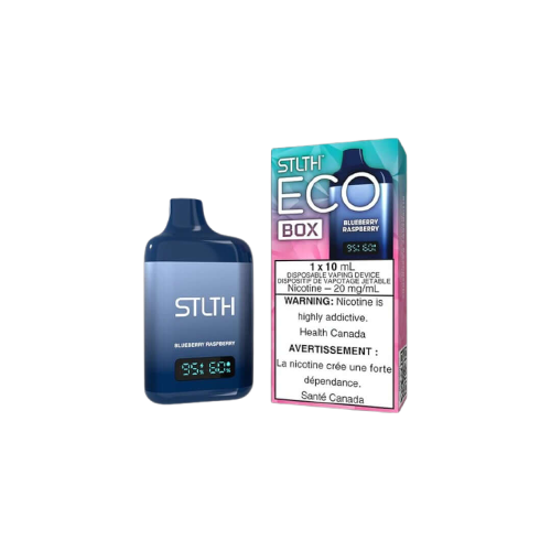 STLTH ECO BOX Disposable, Blueberry Raspberry flavour, rechargeable disposable vape with 10ML flavourful e-liquid, USB-C charging and adjustable airflow, designed for Ontario and Quebec vapers.