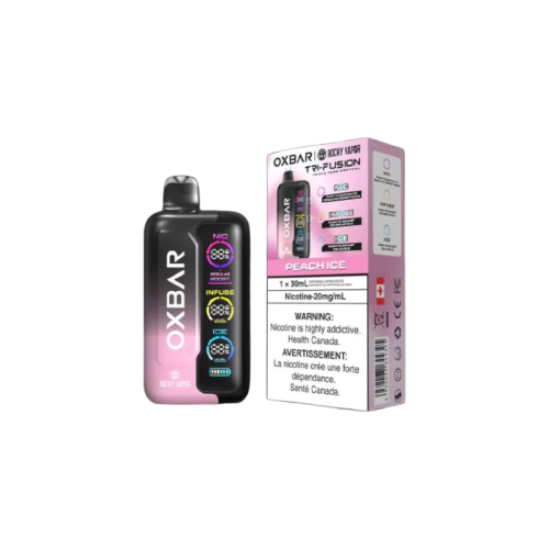 Rocky Vapor Oxbar Tri Fusion, Peach Ice flavor, adjustable nicotine and cooling control, perfect for Ontario and Quebec vapers.