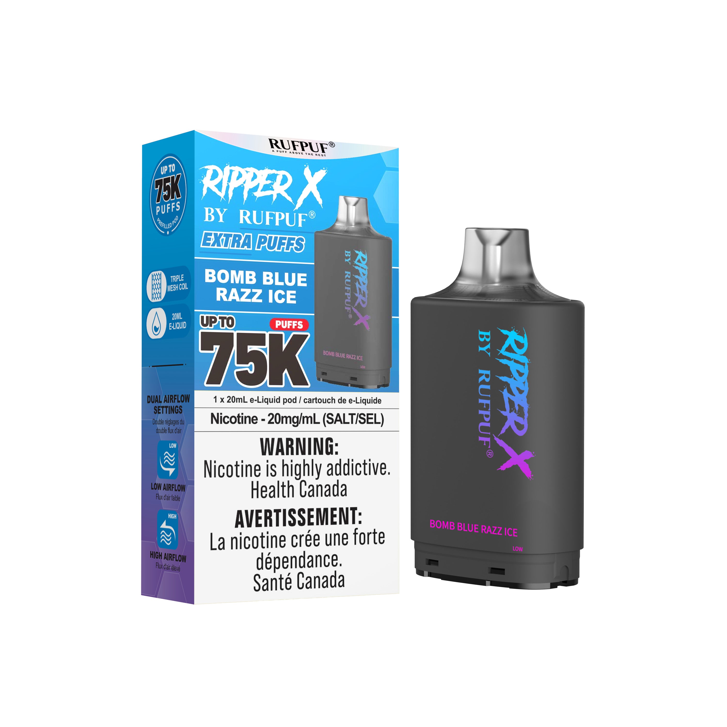 Ripper X 75K (10mg) Bomb Blue Razz Ice prefilled salt nicotine pod