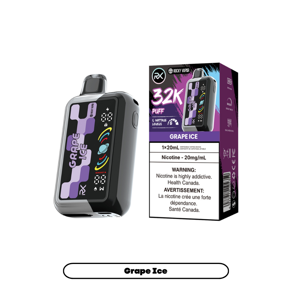 Rocky Vapor RX 32K disposable vape in Grape Ice flavour, 32,000 puffs, 20mL | Supa Vapes Canada