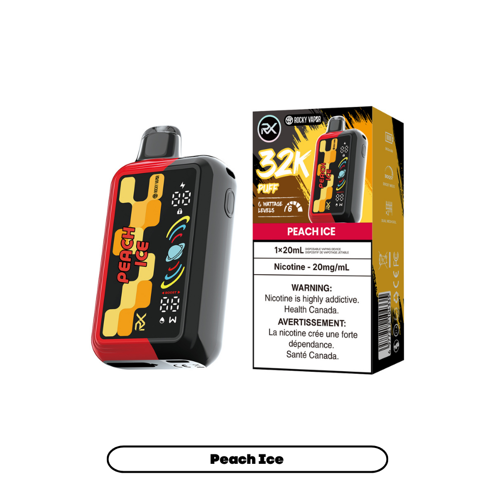 Rocky Vapor RX 32K disposable vape in Peach Ice flavour, 32,000 puffs, 20mL | Supa Vapes Canada