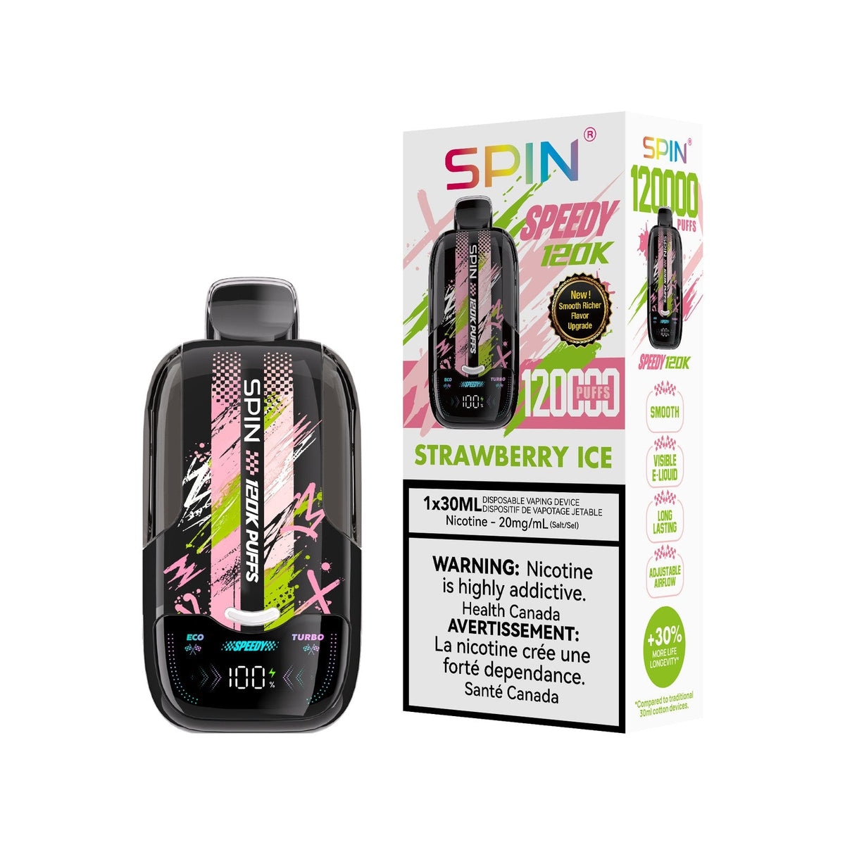 SPIN Speedy 120K disposable vape in Strawberry Ice flavour with box, 120,000 puffs, 30mL | Supa Vapes Canada