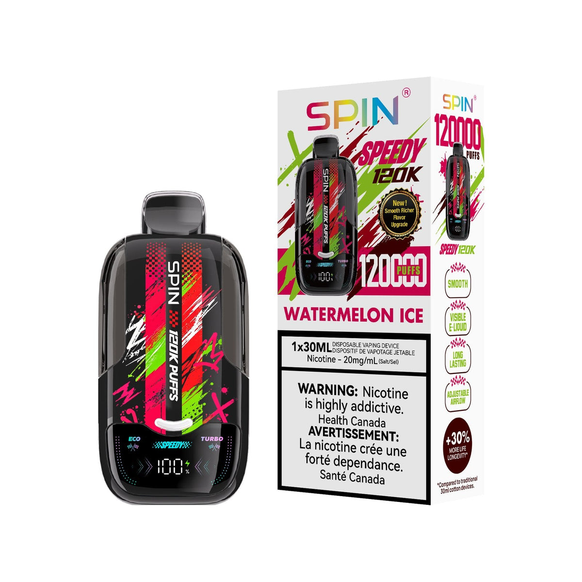 SPIN Speedy 120K disposable vape in Watermelon Ice flavour with box, 120,000 puffs, 30mL | Supa Vapes Canada