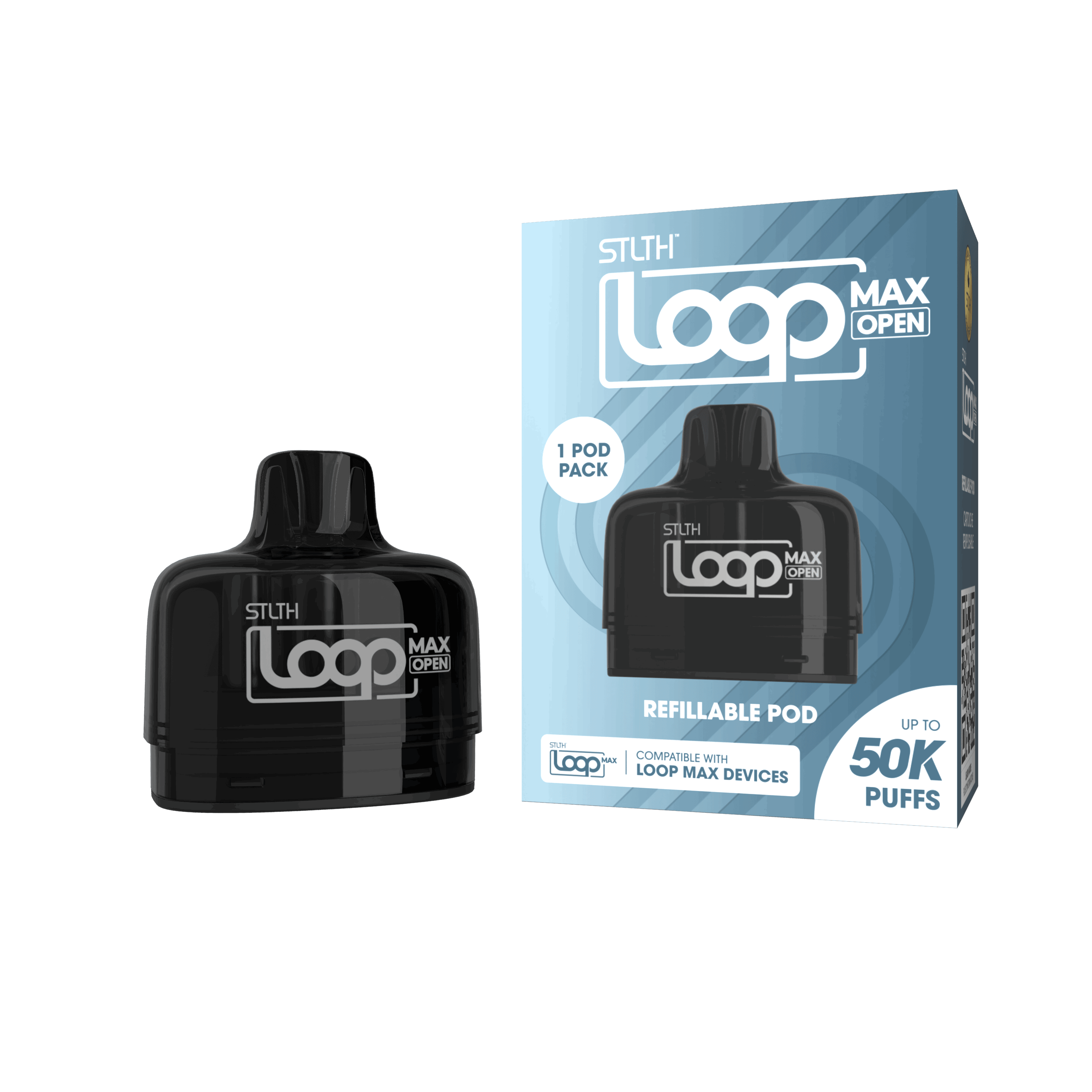 STLTH Loop MAX Open Replacement Pod, refillable 15mL open pod system with magnetic snap-in attachment and up to 50,000 puffs, designed exclusively for the STLTH Loop MAX Device — available at SupaVapes Canada.