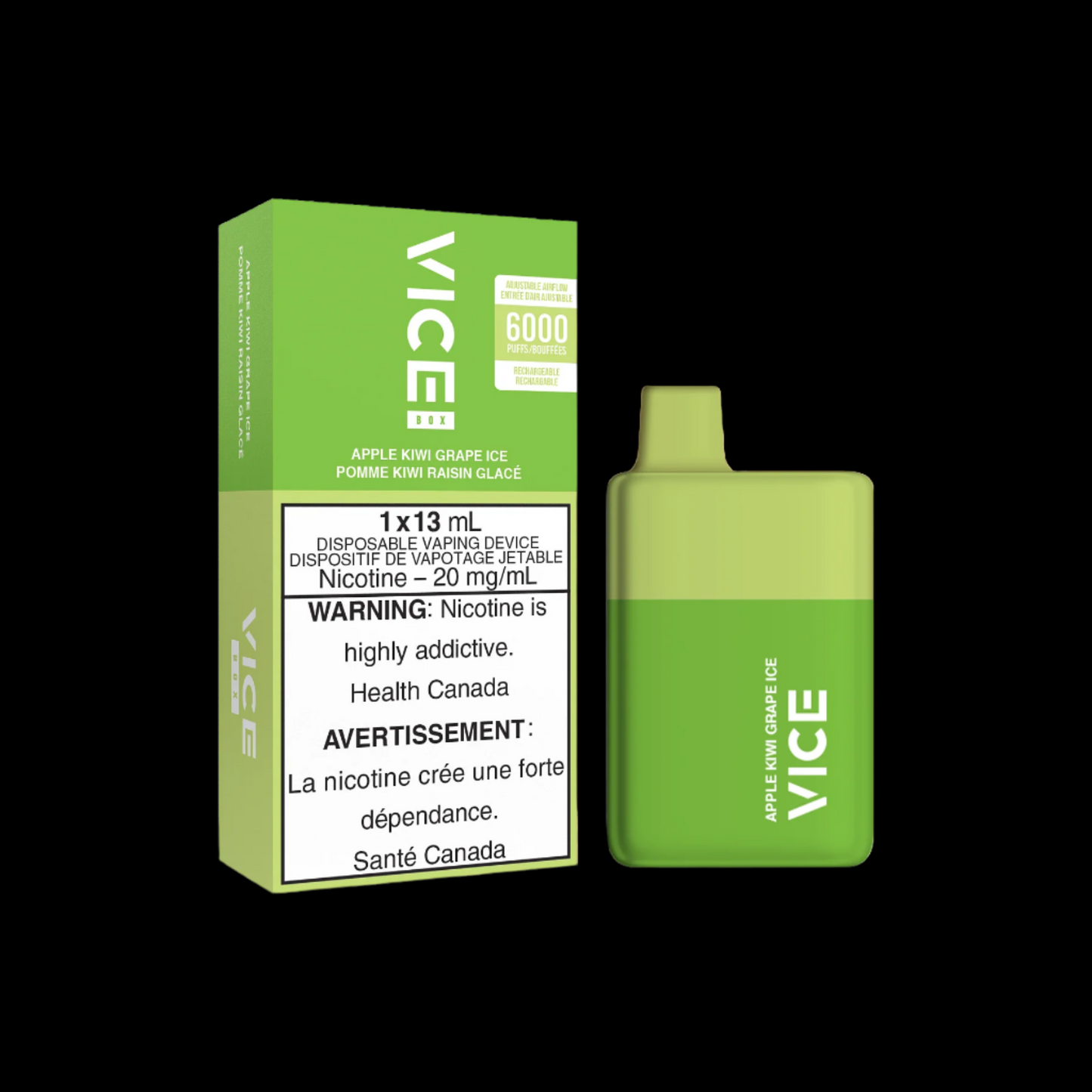 Disposable Vape Flavour: Apple Kiwi Grape ice Get VICE box 6000 now at Supa Vapes, your go-to vape shop in Hawkesbury, Ottawa & Ontario. Shop premium vapes, pods, e-liquids, and accessories from trusted brands.