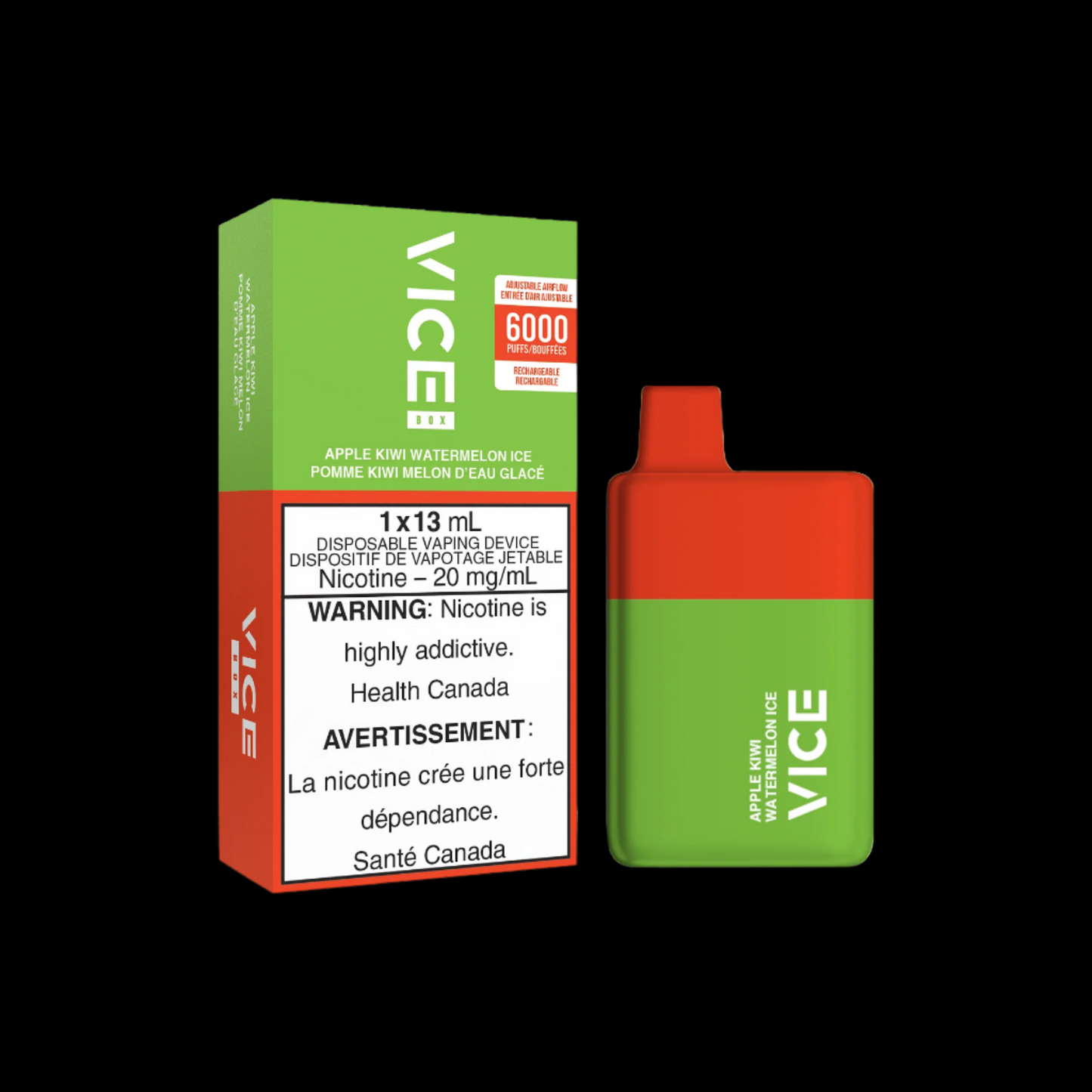 Disposable Vape Flavour: Apple Kiwi Watermelon ice Get VICE box 6000 now at Supa Vapes, your go-to vape shop in Hawkesbury, Ottawa & Ontario. Shop premium vapes, pods, e-liquids, and accessories from trusted brands.