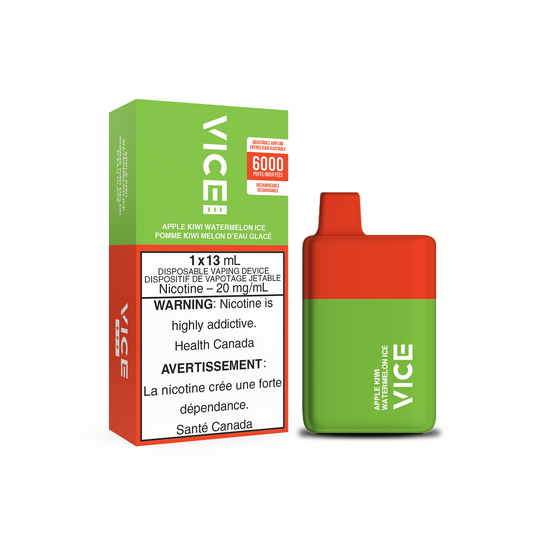 VICE Box 6000, Apple Kiwi Watermelon ice flavour, disposable vape with refreshing and smooth taste, ideal for vapers in Ontario and Quebec.