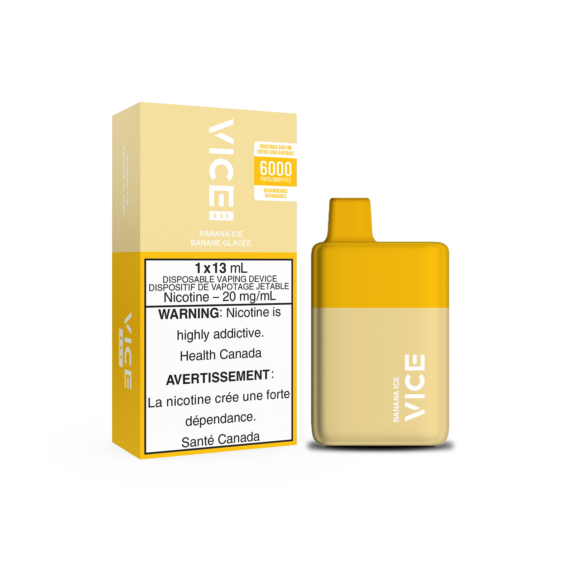 VICE Box 6000, Banana Ice flavour, smooth and refreshing cool banana vape, ideal for Ontario and Quebec customers seeking sweet and icy vaping experience.