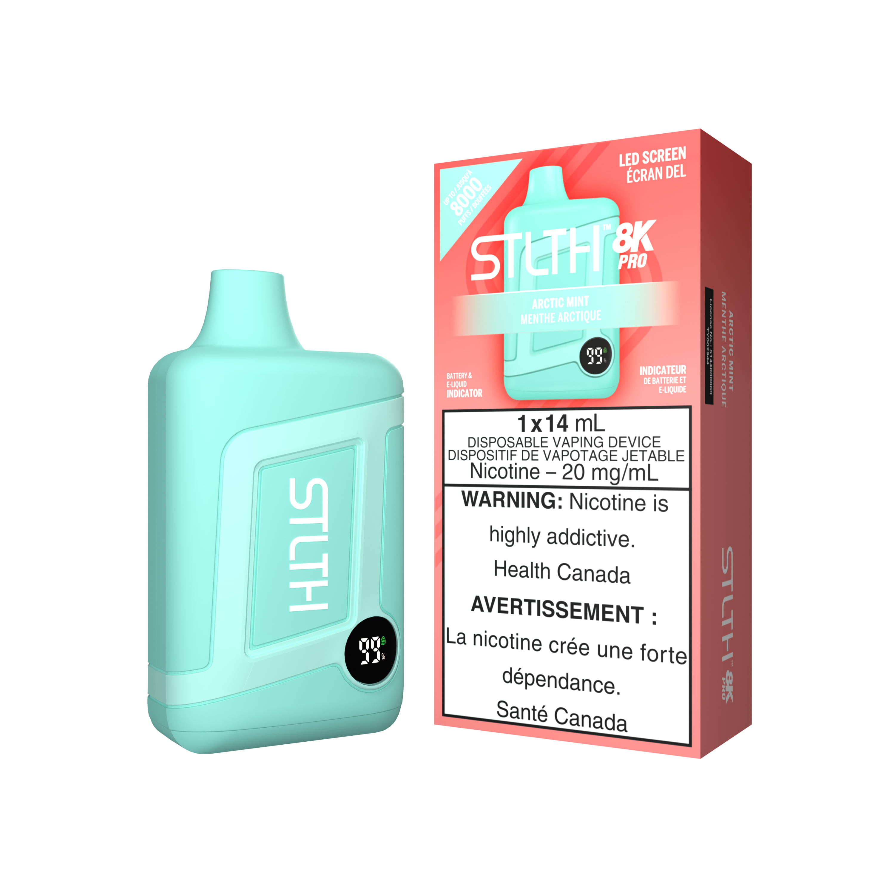 STLTH 8K PRO, Banana Ice flavour, 20mg nicotine strength, featuring LED juice and battery indicator, enhanced vaping experience for Ontario and Quebec users.