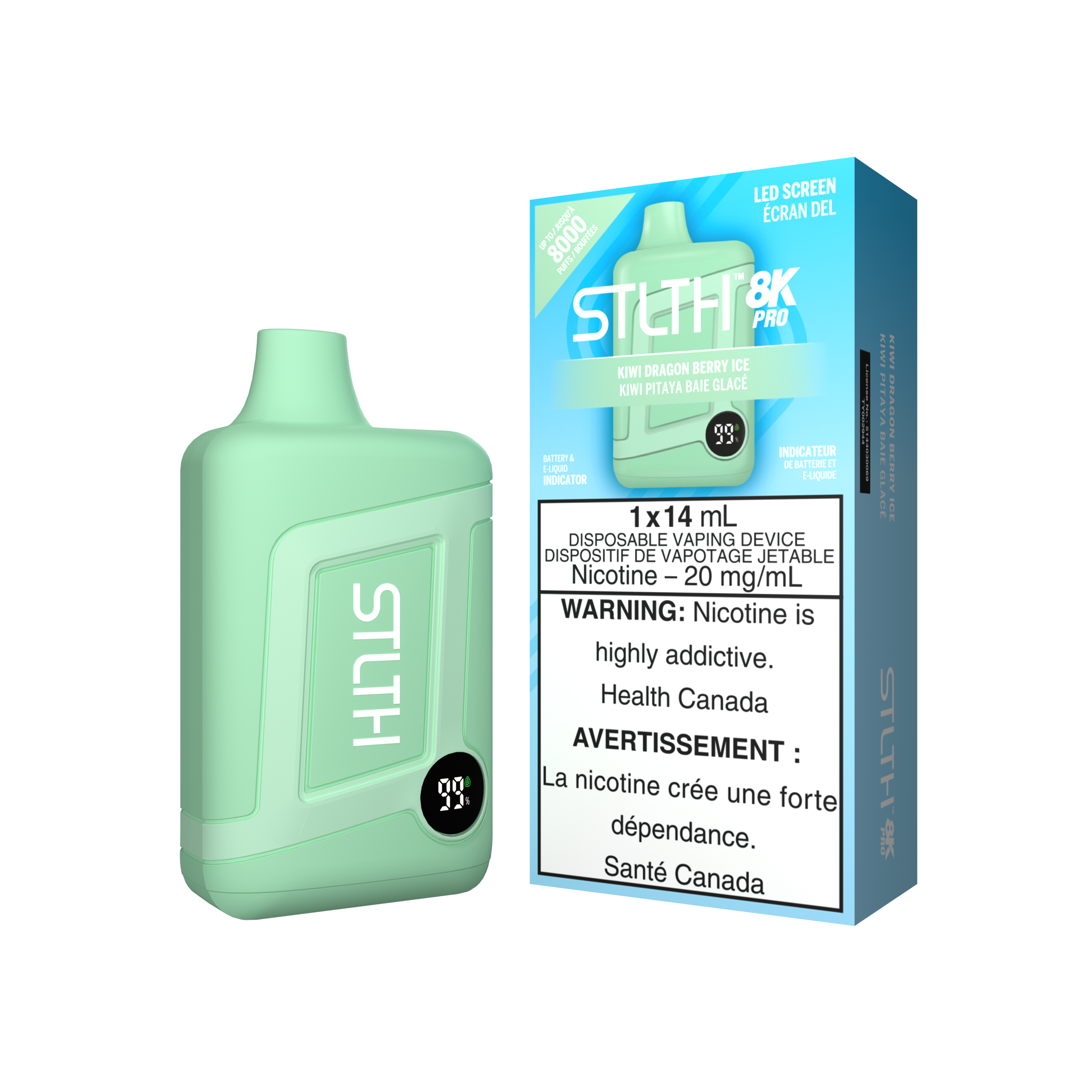 STLTH 8K PRO White Grape disposable vape, 20mg nicotine strength, extended use with LED indicator, White Grape flavour, ideal for Ontario and Quebec customers.