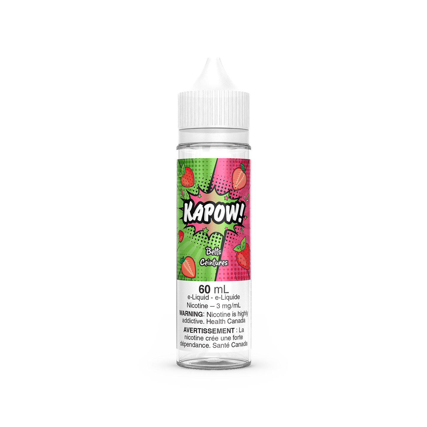 KAPOW! Belts flavour, 0mg nicotine, sweet candy-inspired e-juice, smooth vaping experience, ideal for Ontario and Quebec vapers.