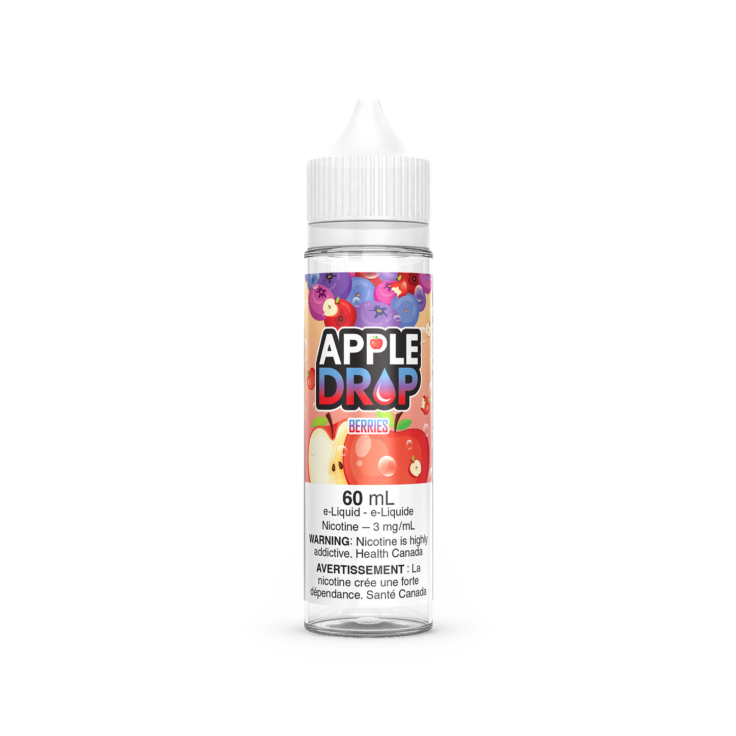 Apple Drop 60mL vape juice, Berries flavour with 3mg nicotine, fresh and fruity vaping option crafted for vapers in Ontario and Quebec.
