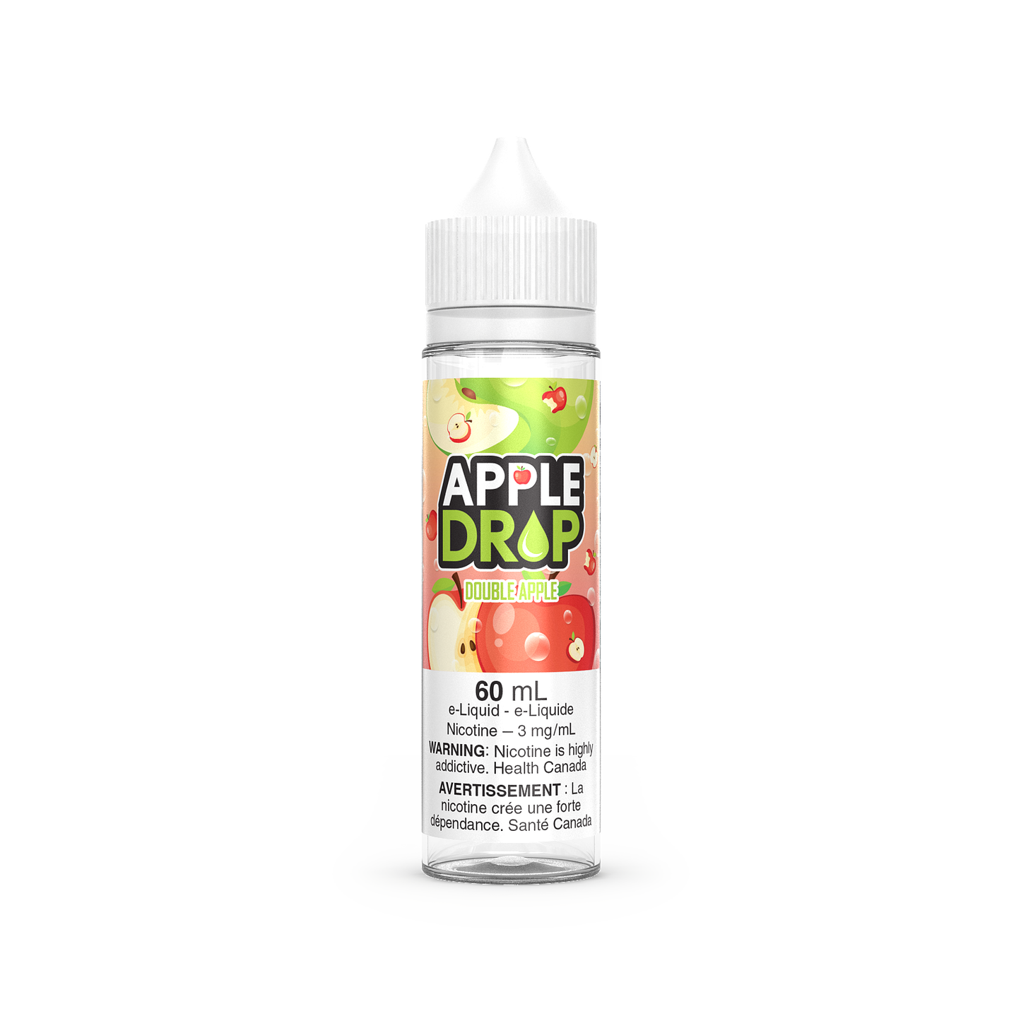 Apple Drop 60mL, Double Apple flavour vape juice with 3mg nicotine, crisp sweet apple blend, smooth and satisfying hits, ideal for Ontario and Quebec vapers.