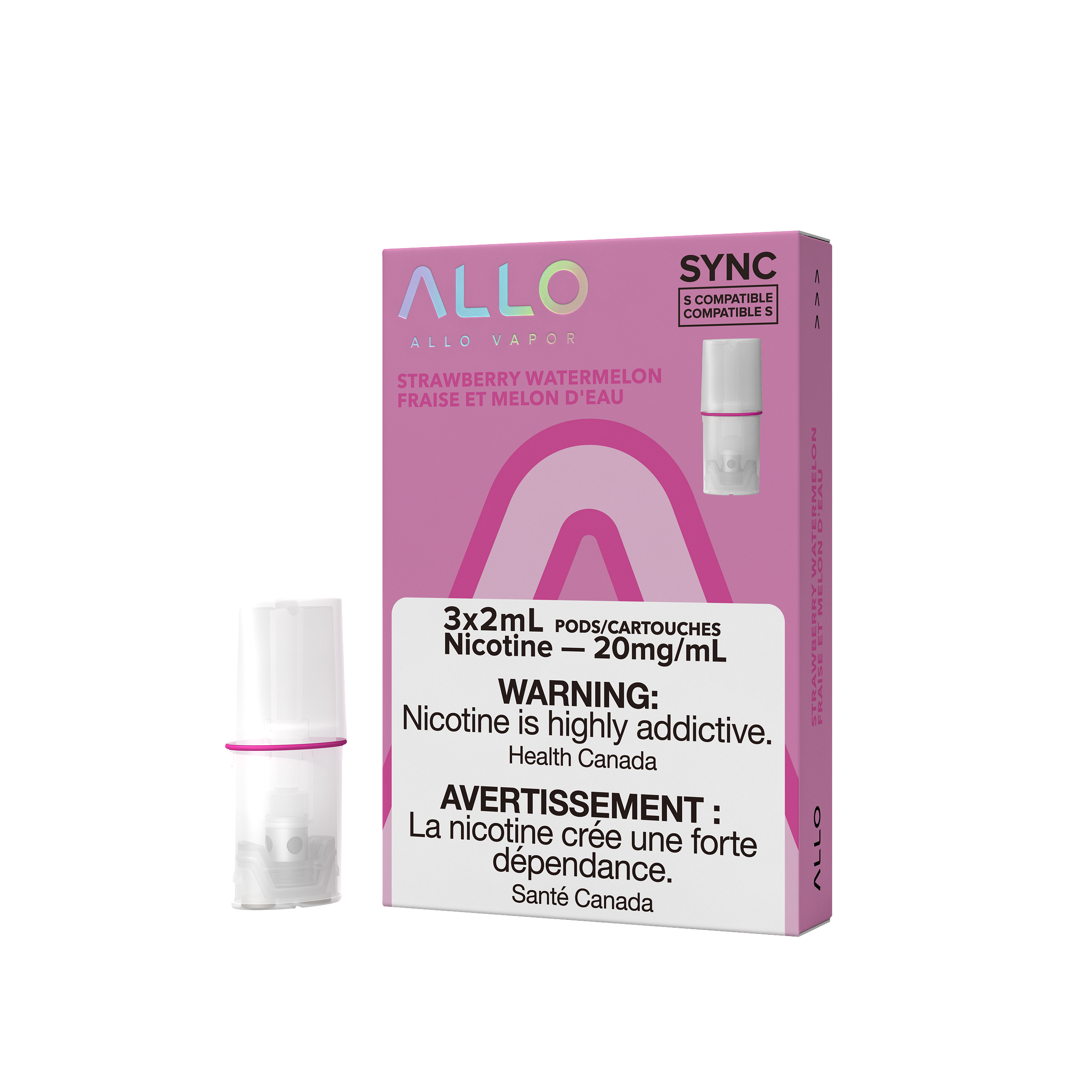 Allo Sync Pods, Watermelon Strawberry Kiwi flavour, 20mg/mL nicotine, STLTH-compatible pods for smooth and flexible vaping, designed for Ontario and Quebec users.