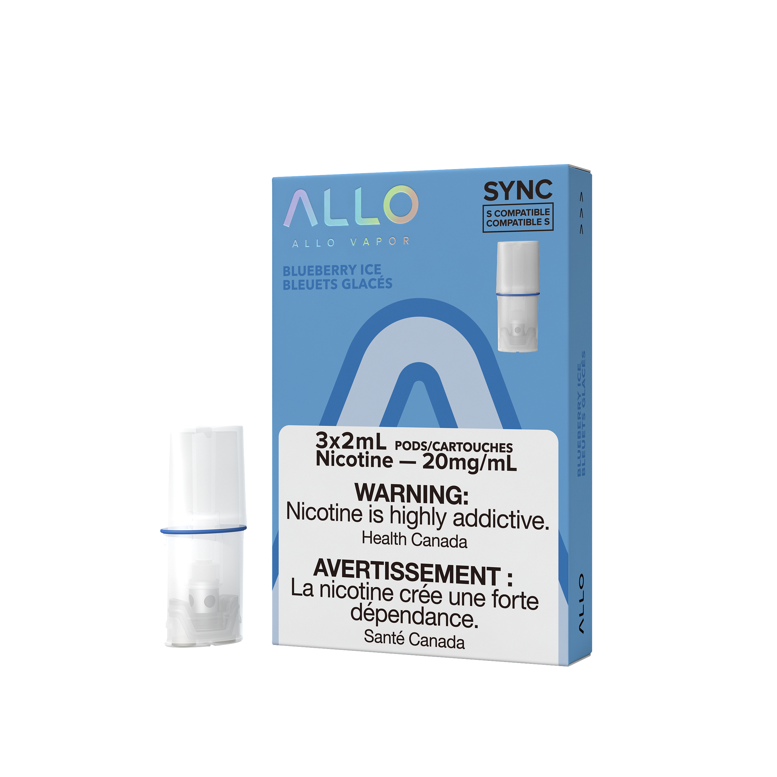 Allo Sync Pods, Peach Ice flavour, 20mg nicotine strength, mesh coil technology, STLTH compatible pre-filled pod, designed for Ontario and Quebec vapers.