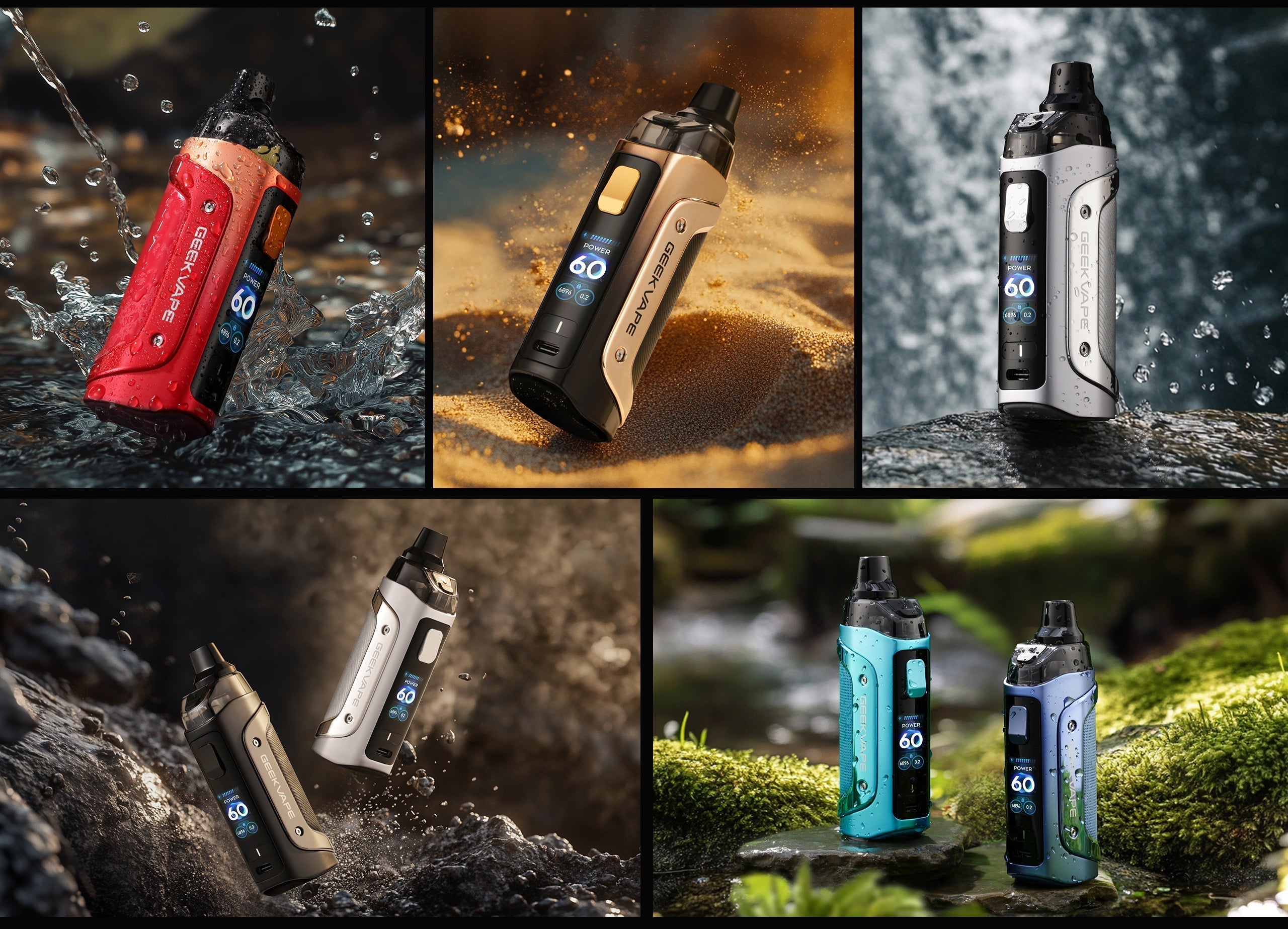 Geekvape Aegis Boost 3 60W pod mod kit displayed in 5 colors