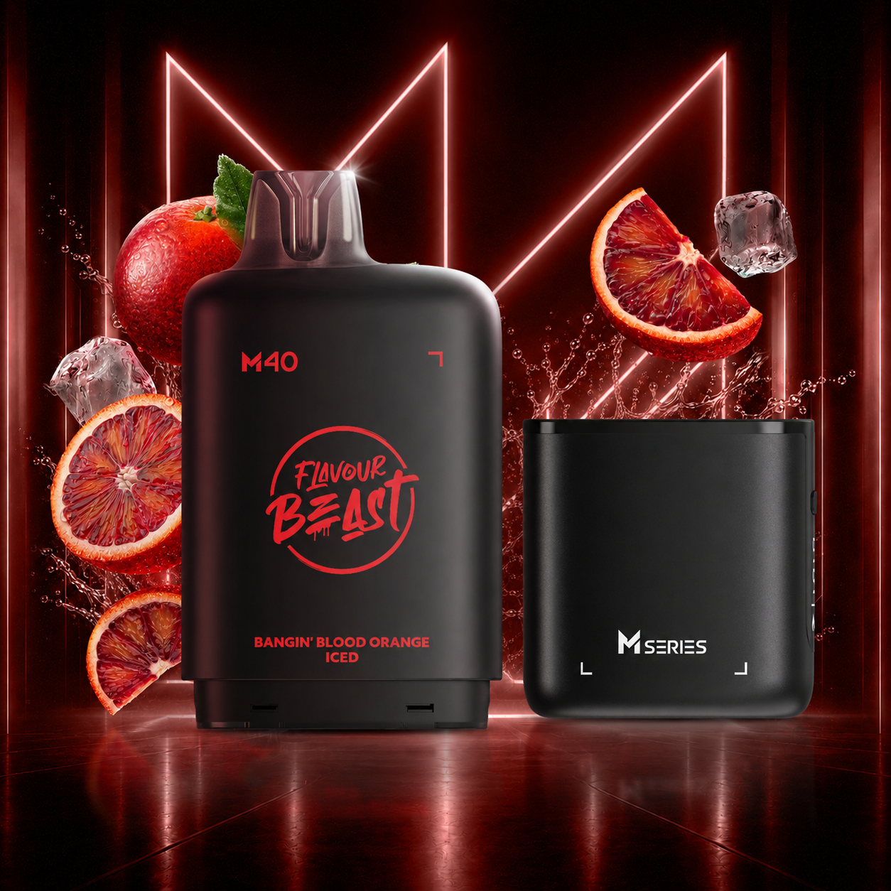 Level X M Series device and pod with fruity flavour background at Supa Vapes.
