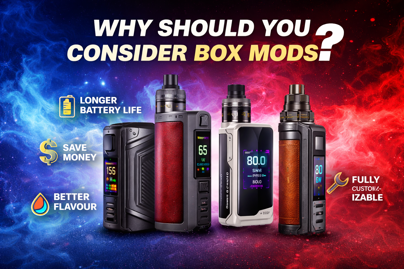 Colorful banner showing four modern box mod vapes with icons for longer battery life, saving money, better flavour and customization, with headline “Why Should You Consider Box Mods?”.