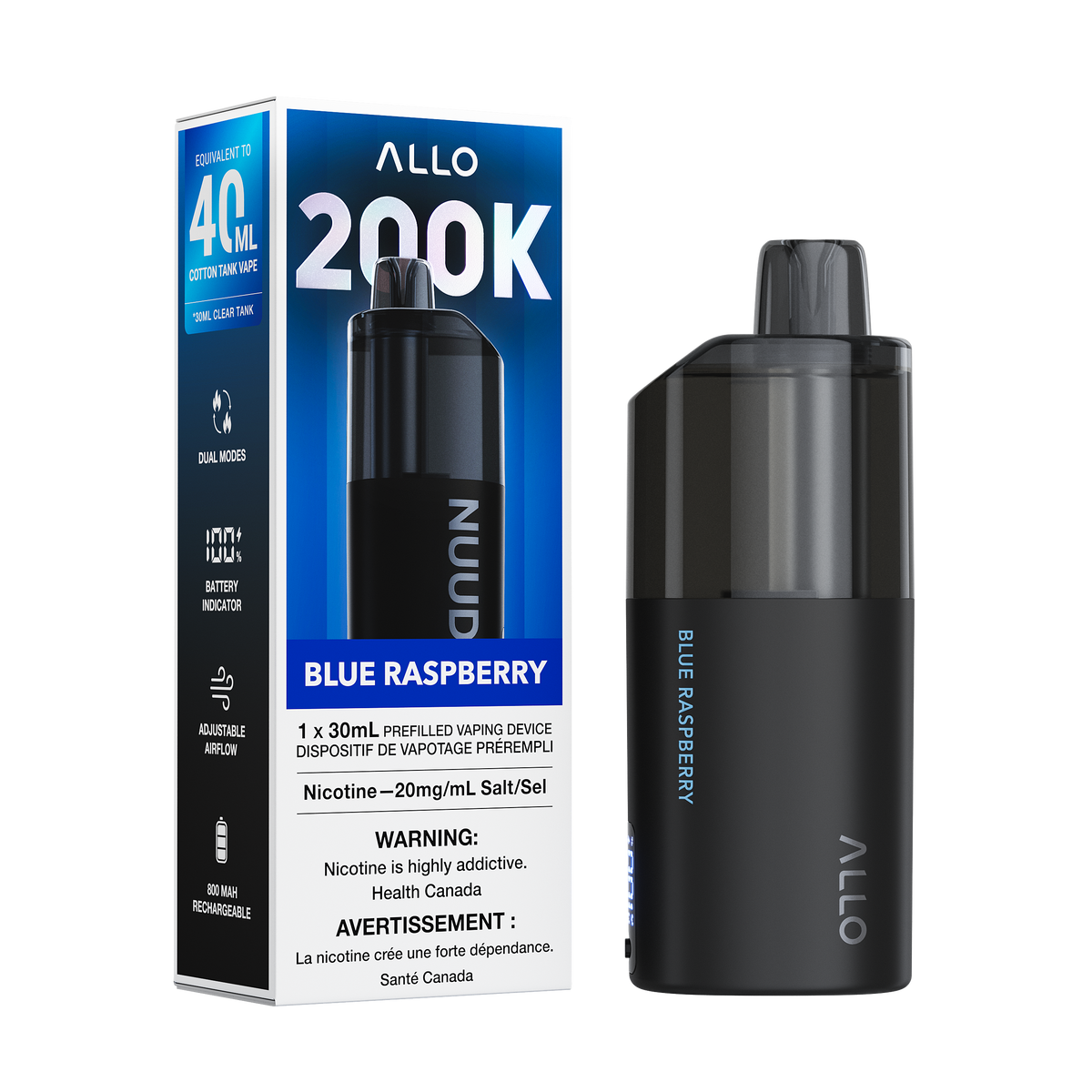 Allo Nuud 200K Disposable Vape 30mL in Blue Raspberry flavour | Supa Vapes Canada