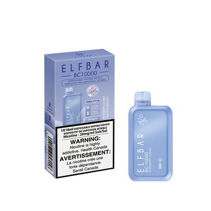 Elf Bar disposable vaping device packaging with warning label on a white background. Blueberry Cloudz