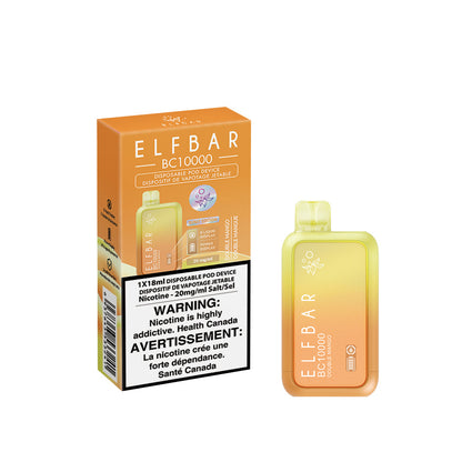 Elf Bar vaping device packaging with warning label on a white background. BC10000-Double-Mango