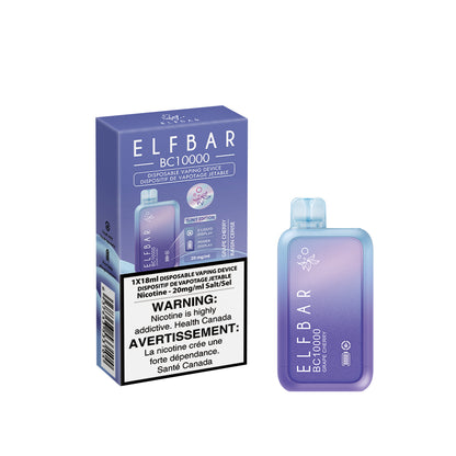 Elf Bar disposable vaping device packaging with warning label on a white background. Elf Bar BC10000 Grape-Cherry
