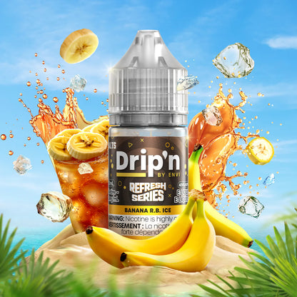 DRIP'N Refresh Series Salt 30mL Canada featuring banana flavor and tropical background with ice and soda elements.