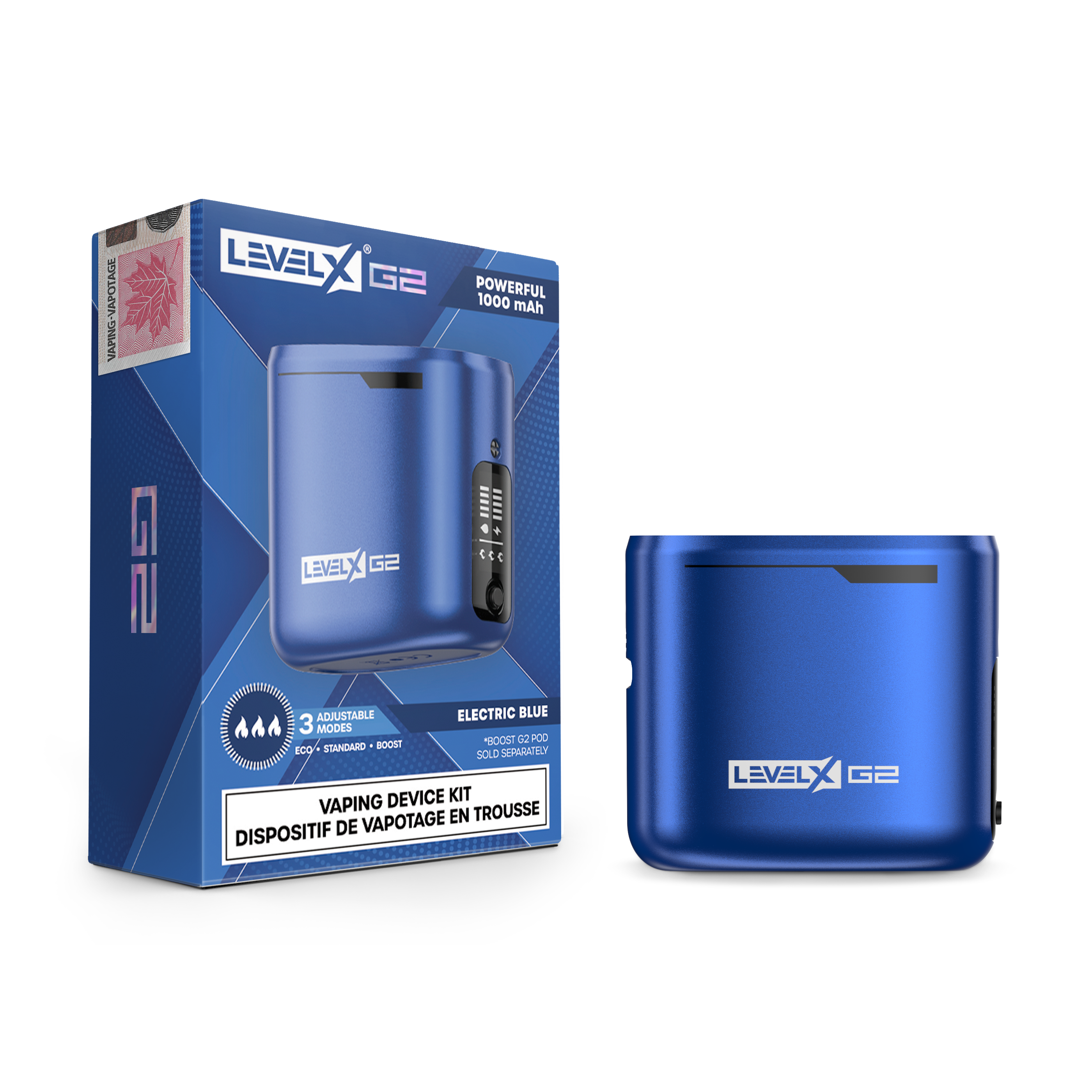 Level X G2 Battery, Electric Blue finish, dual mode firing with regular and Boost settings for enhanced flavor and vapor density, premium vaping device ideal for Ontario and Quebec users