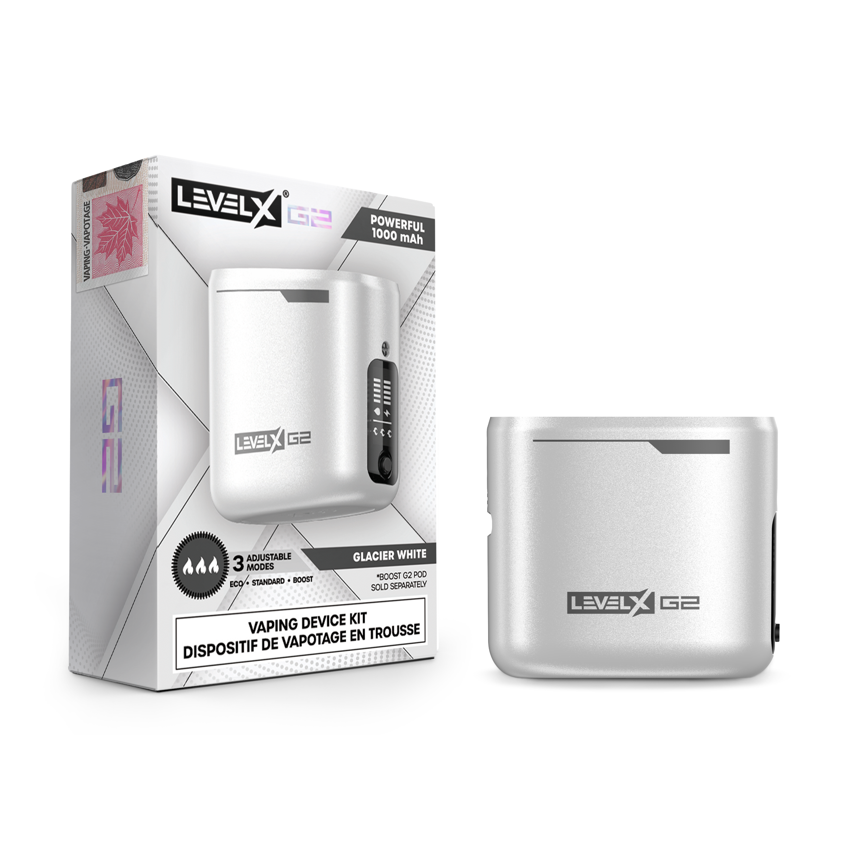 Level X G2 Battery, Glacier White variant, dual firing modes for customizable vaping performance, designed for vapers in Ontario and Quebec.