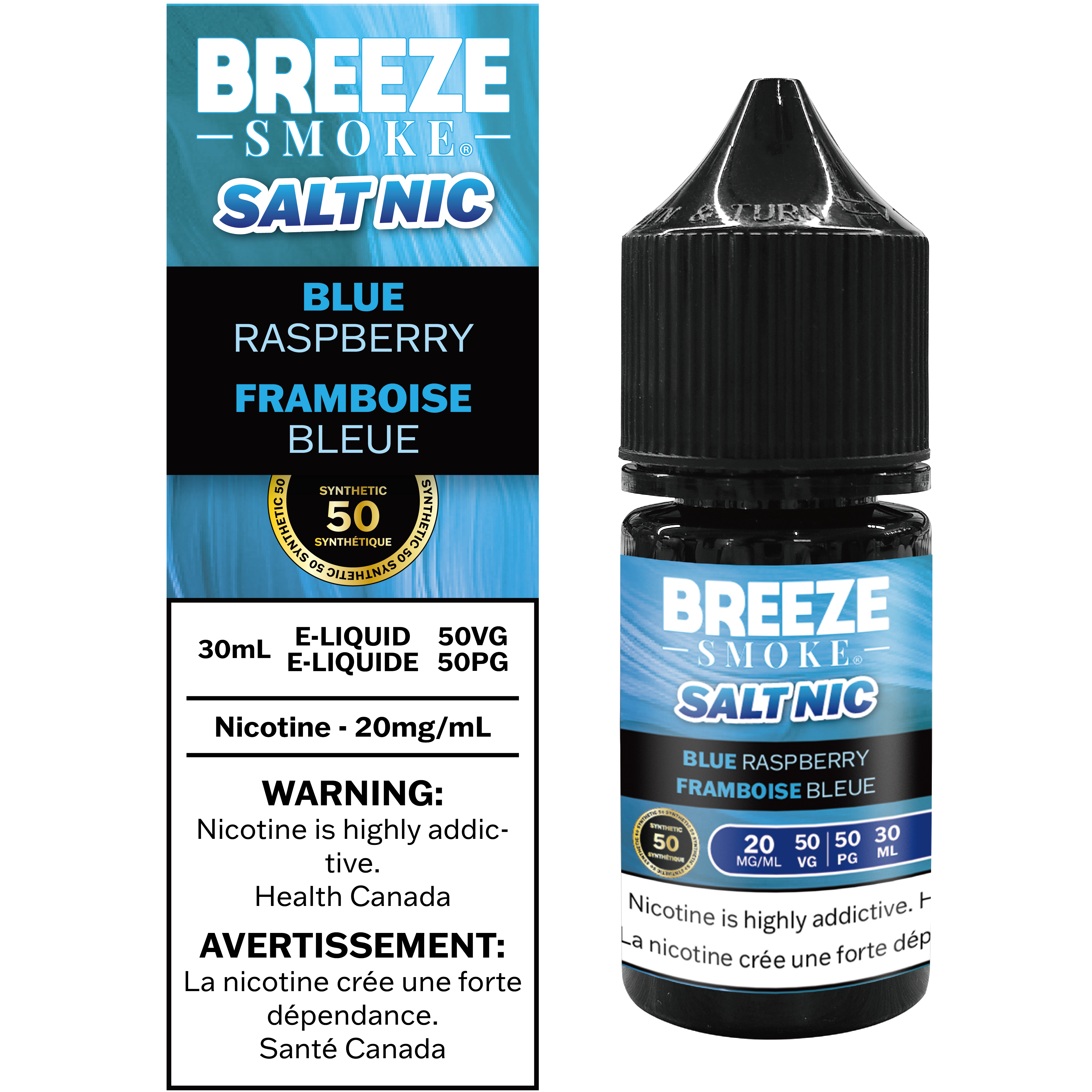 Breeze Smoke Salt Nic Blue Raspberry e-liquid bottle and packaging on a white background