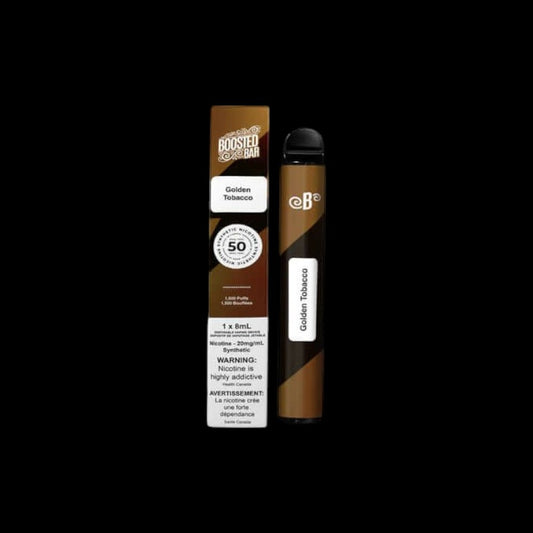 Boosted Bar Disposable, Golden Tobacco flavour, premium disposable vape with classic taste, ideal for Ontario and Quebec vape enthusiasts.