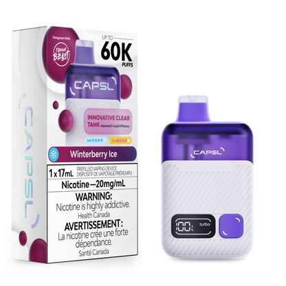 CAPSL vape device and packaging with winterberry ice flavor on a white background