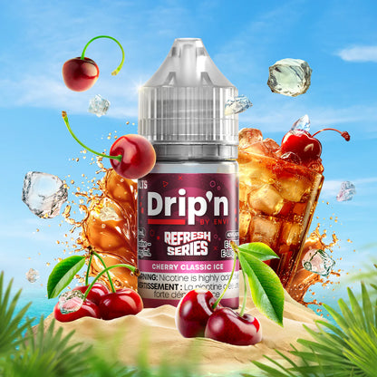 DRIP'N Refresh Series Salt 30mL Cherry Classic Ice featuring vibrant cherries and ice with tropical background.