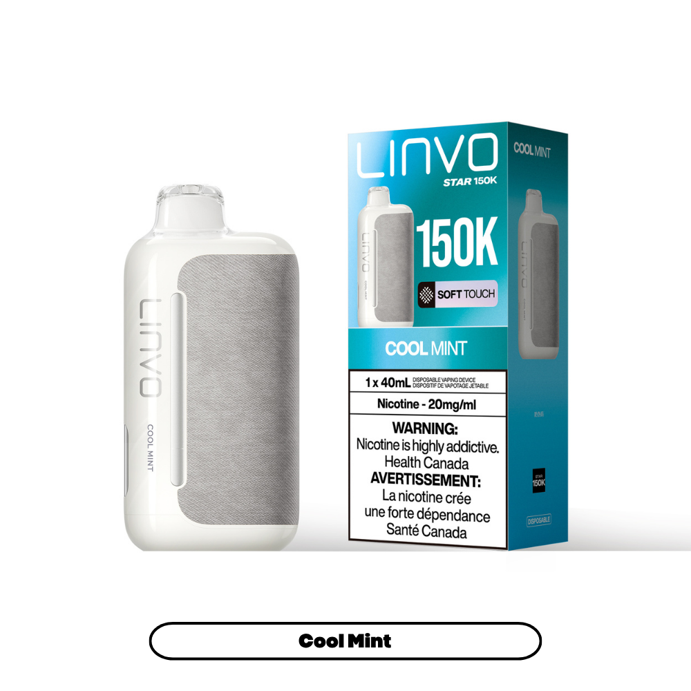 Linvo Star 150K disposable vape in Cool Mint flavour, 150,000 puffs, 20mg salt nicotine, available at Supa Vapes Canada.