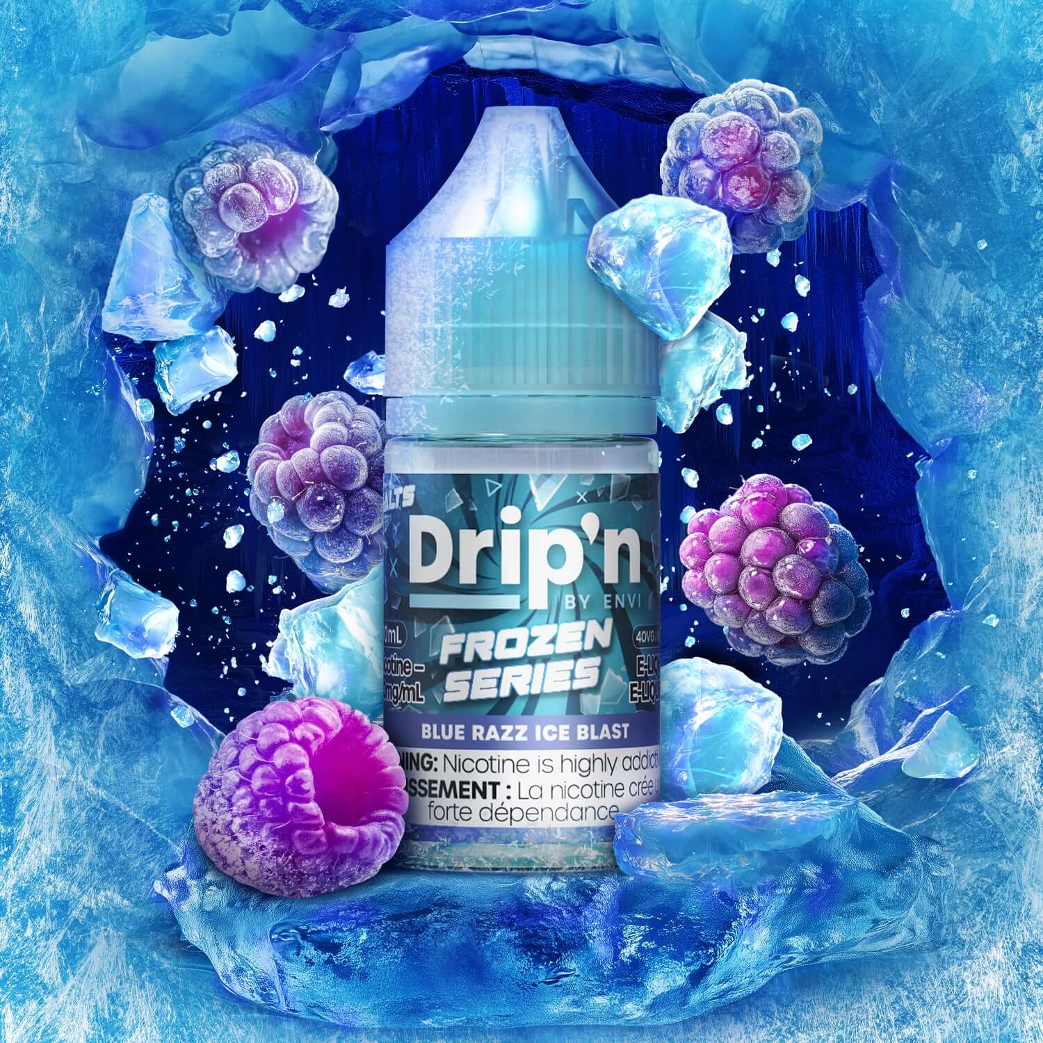 DRIP'N by Envi Frozen Series Salt 30mL, Blue Razz Ice Blast flavour, salt nicotine e-liquid delivering bold icy vaping sensation, ideal for Ontario and Quebec vapers.