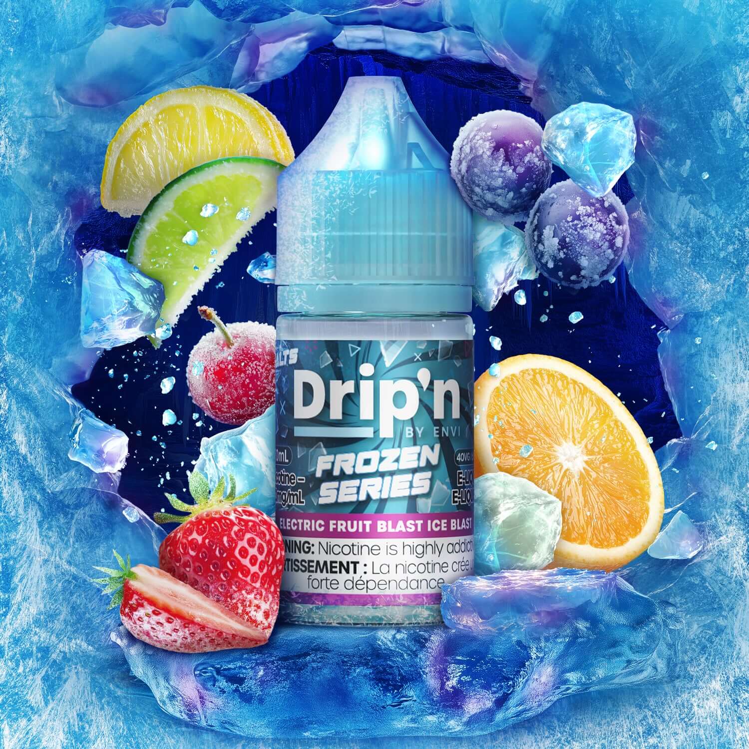 DRIP'N by Envi Frozen Series Salt, Electric Fruit Blast Ice flavour, 30mL premium salt nicotine vape juice, cool and intense vaping experience, designed for Ontario and Quebec vapers.