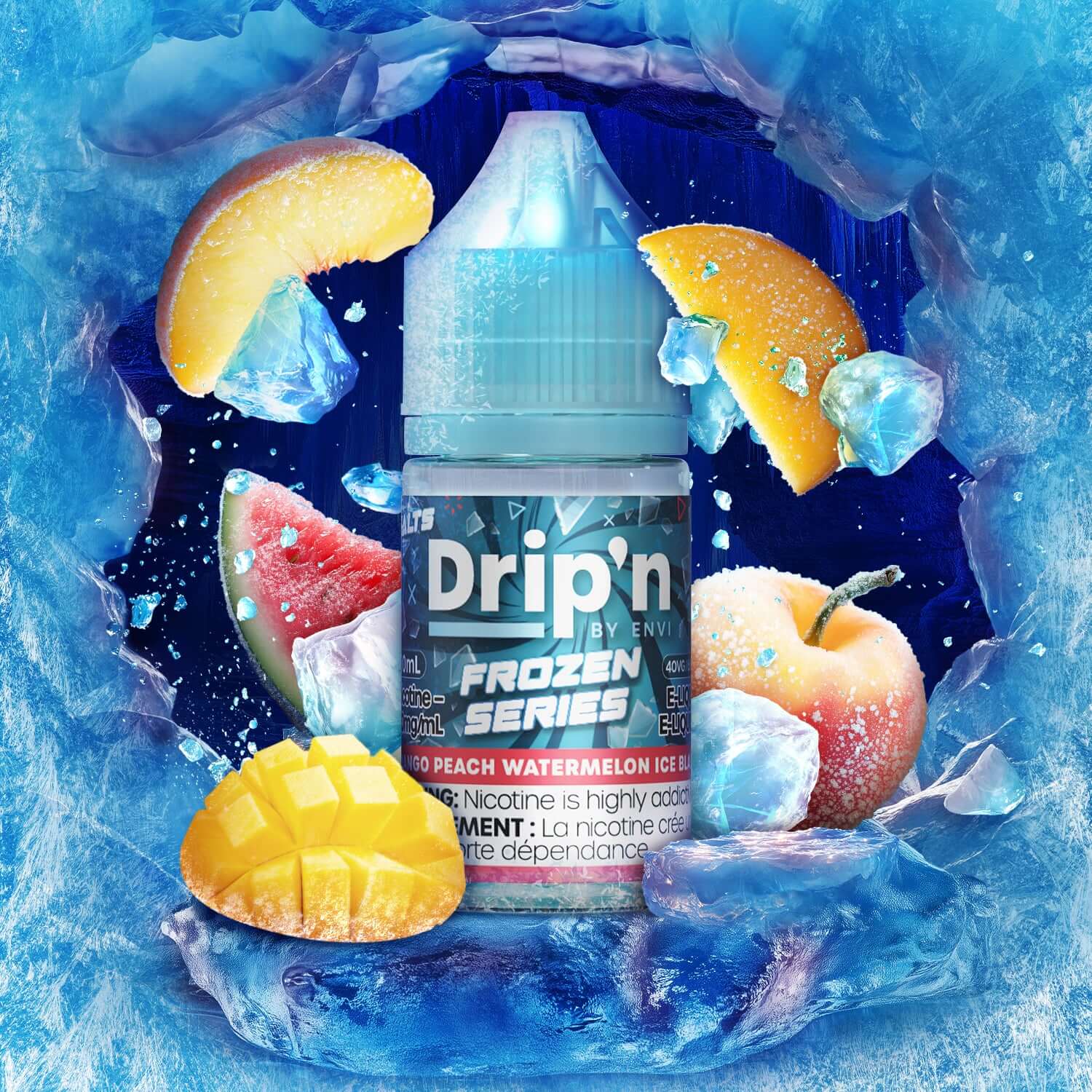 DRIP'N by Envi Frozen Series Salt 30mL, Mango Peach Watermelon Ice Blast flavour, refreshing frozen fruit blend with smooth salt nicotine, ideal cool hit for vapers in Ontario and Quebec.