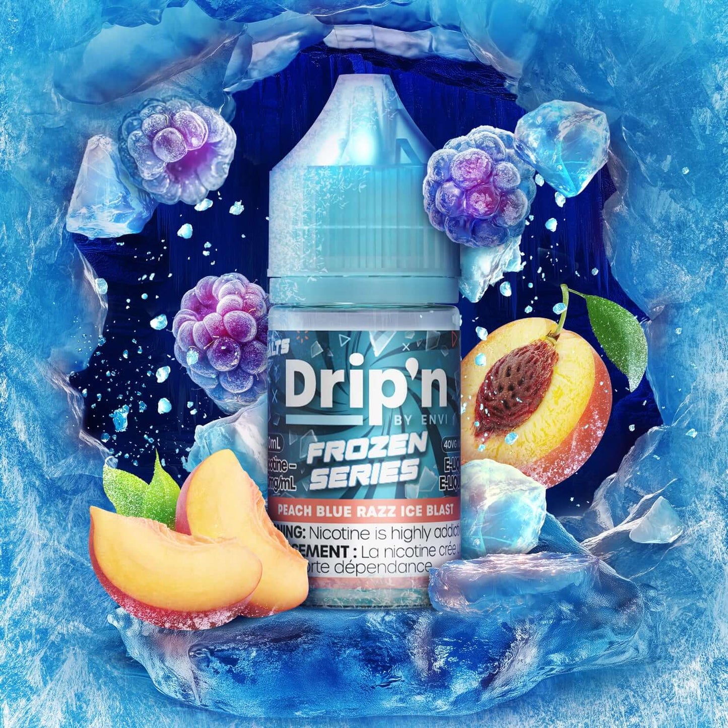 DRIP'N by Envi Frozen Series Salt (30ML) Peach Blue Razz Ice Blast - icy fruit-infused nicotine salt from the Frozen Series, available in Hawkesbury, Ottawa, and across Ontario.