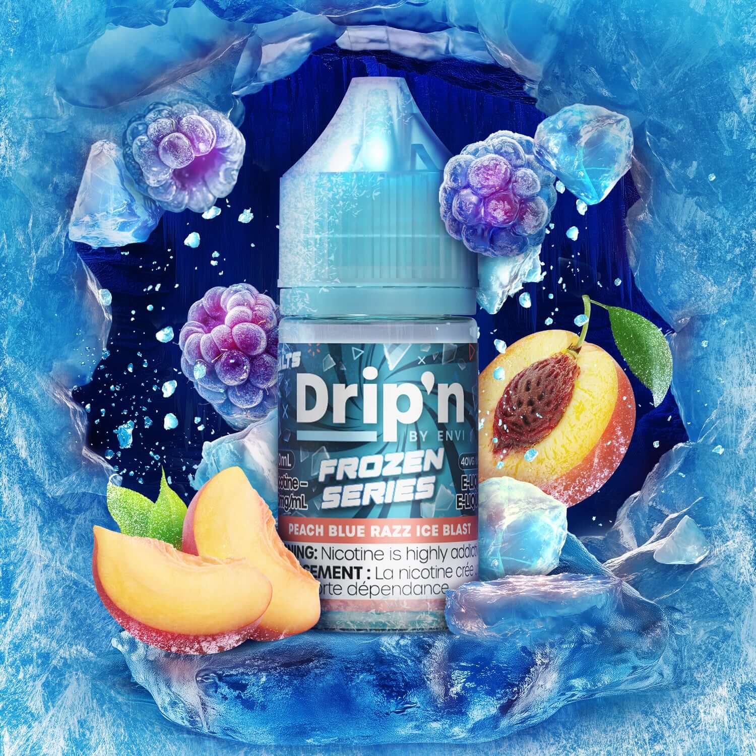 DRIP'N by Envi Frozen Series Salt 30mL, Peach Blue Razz Ice Blast flavour, icy salt nicotine vape e-liquid, bold and refreshing, ideal for Ontario and Quebec vapers.