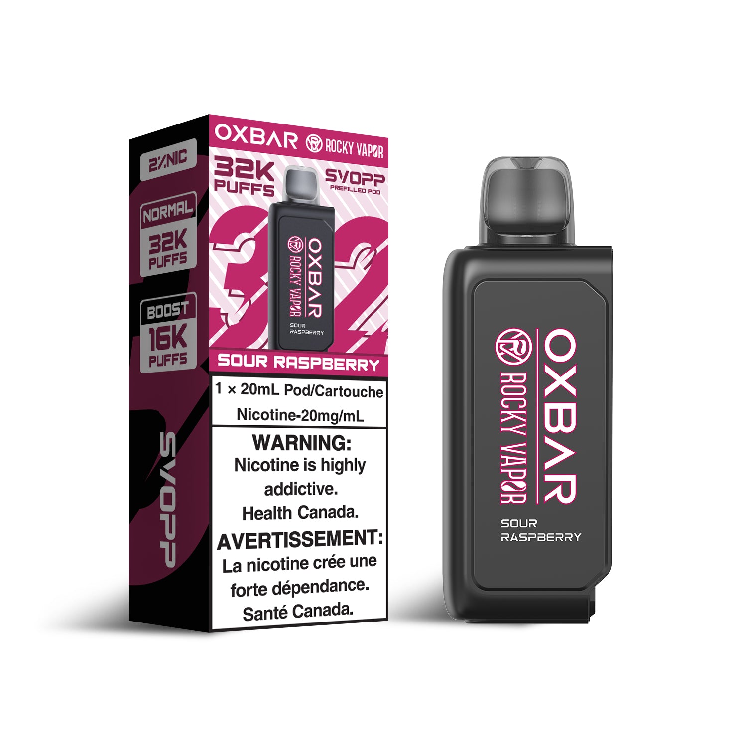 SVOPP Rocky Vapor OXBAR 32K, Dragonfruit Lemon flavour, 32,000 puff capacity, adjustable airflow, six wattage levels for a customized vape experience, designed for vapers in Ontario and Quebec.