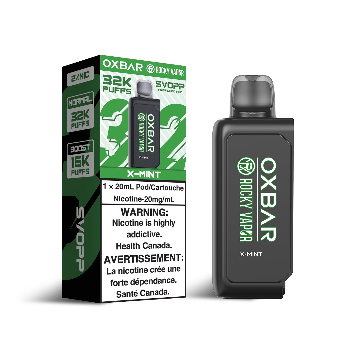 SVOPP Rocky Vapor OXBAR 32K, Apple Kiwi Ice flavour, 32,000 puff disposable vape with tailored airflow for a fresh and fruity vape experience, long-lasting satisfaction, ideal for Ontario and Quebec vapers.